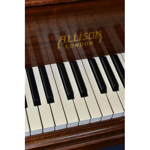 353 - ALLISON OF LONDON, A MAHOGANY PETITE BABY GRAND PIANO, serial number unknown, supplied by Harrods of... 