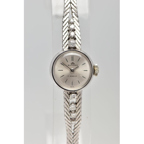 37 - A MID 20TH CENTURY DIAMOND WHITE METAL MANUAL WIND WRISTWATCH, the circular silver tone dial, with s... 