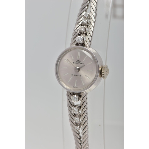 37 - A MID 20TH CENTURY DIAMOND WHITE METAL MANUAL WIND WRISTWATCH, the circular silver tone dial, with s... 