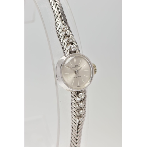 37 - A MID 20TH CENTURY DIAMOND WHITE METAL MANUAL WIND WRISTWATCH, the circular silver tone dial, with s... 