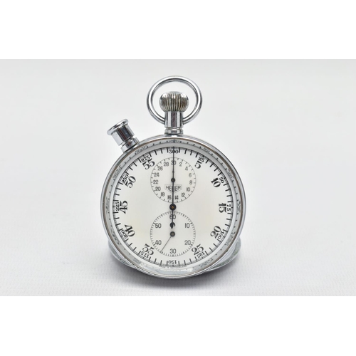 38 - A 'HEUER' SPLIT SECONDS POCKET STOPWATCH, a hand wound movement, round white dial signed 'Heuer', Ar... 