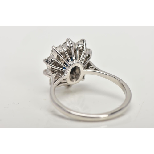 4 - AN 18CT WHITE GOLD, SAPPHIRE AND DIAMOND CLUSTER RING, set with a cushion-shaped mixed-cut sapphire,... 