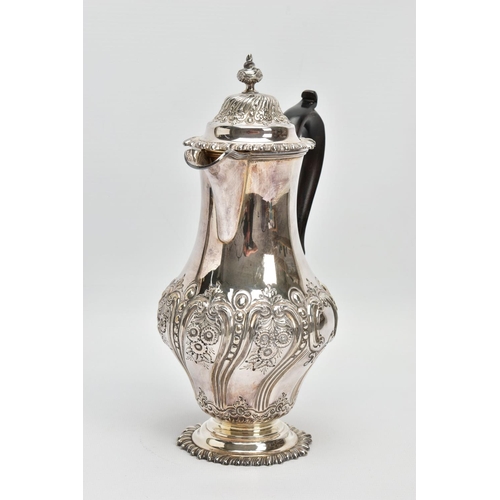 41 - A LATE VICTORIAN SILVER HOT WATER JUG OF BALUSTER FORM, the hinged domed cover with knopped finial, ... 