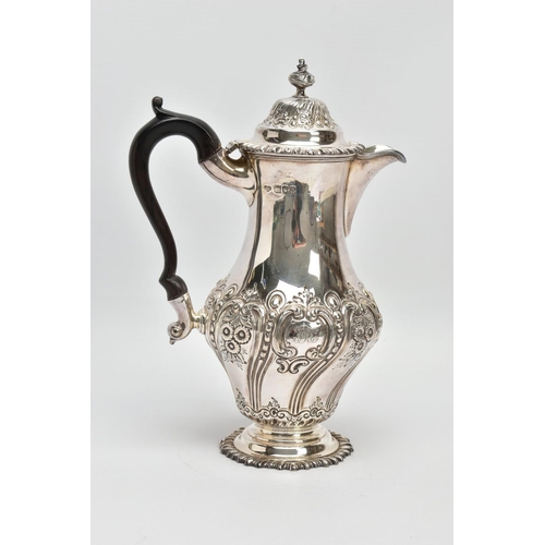 41 - A LATE VICTORIAN SILVER HOT WATER JUG OF BALUSTER FORM, the hinged domed cover with knopped finial, ... 