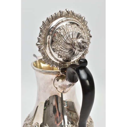 41 - A LATE VICTORIAN SILVER HOT WATER JUG OF BALUSTER FORM, the hinged domed cover with knopped finial, ... 