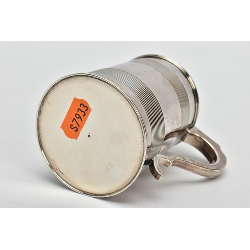 43 - A GEORGE III SILVER CHRISTENING MUG OF TAPERED CYLINDRICAL FORM WITH REEDED BANDS, engraved initials... 