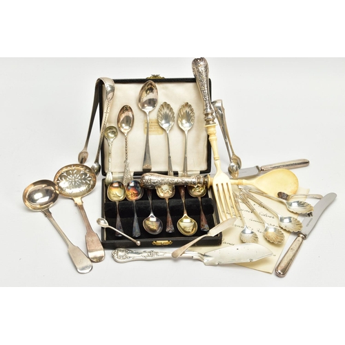 47 - A PARCEL OF SILVER AND SILVER HANDLED CUTLERY AND FLATWARE, including a William IV Scottish Fiddle p... 