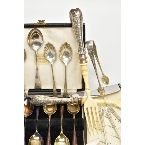 47 - A PARCEL OF SILVER AND SILVER HANDLED CUTLERY AND FLATWARE, including a William IV Scottish Fiddle p... 