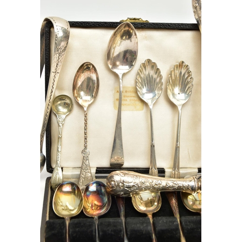 47 - A PARCEL OF SILVER AND SILVER HANDLED CUTLERY AND FLATWARE, including a William IV Scottish Fiddle p... 