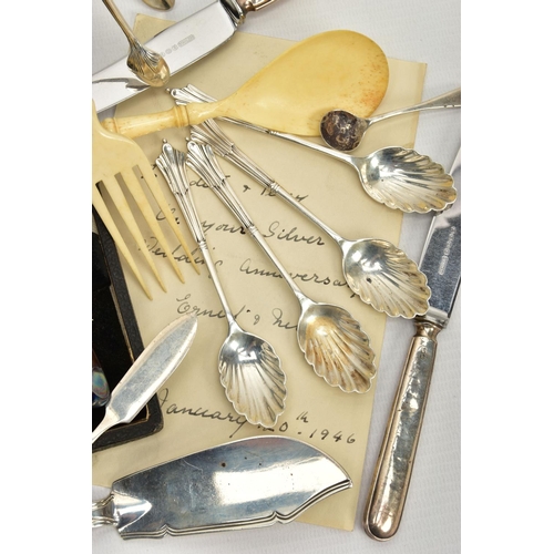 47 - A PARCEL OF SILVER AND SILVER HANDLED CUTLERY AND FLATWARE, including a William IV Scottish Fiddle p... 