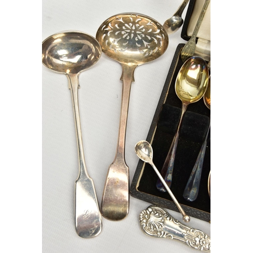 47 - A PARCEL OF SILVER AND SILVER HANDLED CUTLERY AND FLATWARE, including a William IV Scottish Fiddle p... 