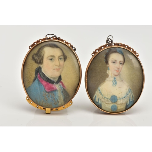 5 - TWO GOLD GEORGIAN PORTRAIT MINIATURE CLASPS, hand painted on ivory, one of a gentleman in a blue wai... 