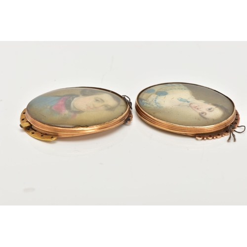 5 - TWO GOLD GEORGIAN PORTRAIT MINIATURE CLASPS, hand painted on ivory, one of a gentleman in a blue wai... 