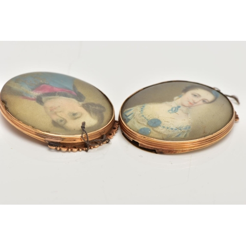 5 - TWO GOLD GEORGIAN PORTRAIT MINIATURE CLASPS, hand painted on ivory, one of a gentleman in a blue wai... 