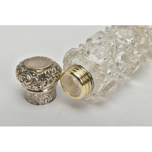 52 - A LATE VICTORIAN SILVER MOUNTED GLASS SCENT BOTTLE OF SQUARE OUTLINE, hinged circular cover with vac... 