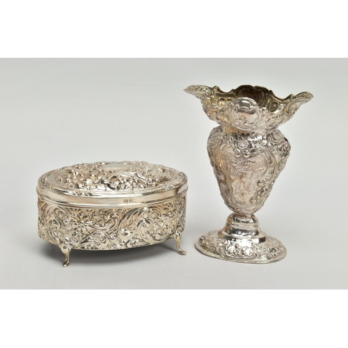 53 - AN EDWARDIAN SILVER OVAL TRINKET BOX WITH HINGED COVER AND A LATE VICTORIAN SILVER VASE, the trinket... 