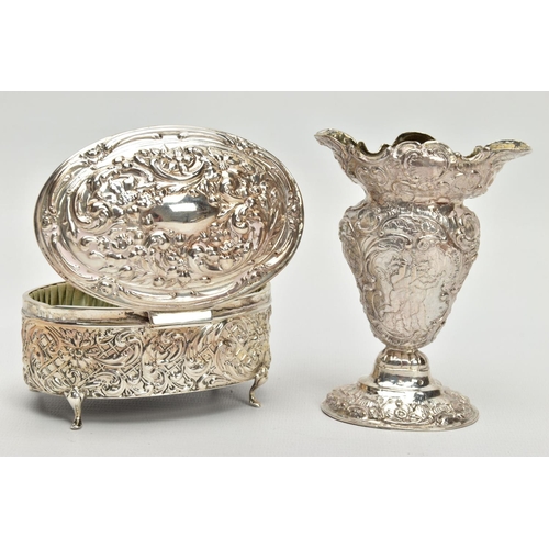 53 - AN EDWARDIAN SILVER OVAL TRINKET BOX WITH HINGED COVER AND A LATE VICTORIAN SILVER VASE, the trinket... 