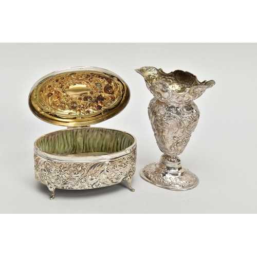 53 - AN EDWARDIAN SILVER OVAL TRINKET BOX WITH HINGED COVER AND A LATE VICTORIAN SILVER VASE, the trinket... 