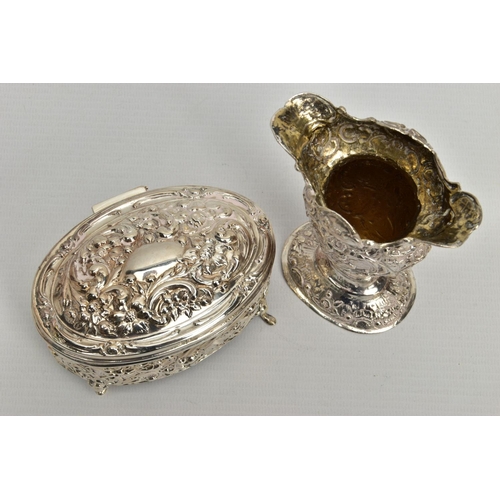 53 - AN EDWARDIAN SILVER OVAL TRINKET BOX WITH HINGED COVER AND A LATE VICTORIAN SILVER VASE, the trinket... 