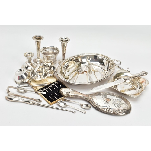 55 - A BOX OF ASSORTED SILVER AND SILVER PLATED ITEMS, the silver comprising a set of three George V Aspr... 