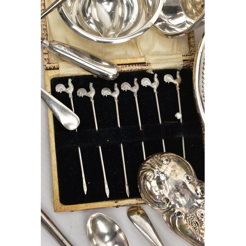 55 - A BOX OF ASSORTED SILVER AND SILVER PLATED ITEMS, the silver comprising a set of three George V Aspr... 