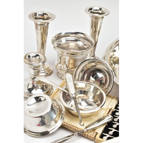 55 - A BOX OF ASSORTED SILVER AND SILVER PLATED ITEMS, the silver comprising a set of three George V Aspr... 