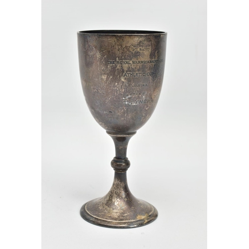 57 - AN EDWARDIAN SILVER TROPHY CUP WITH KNOPPED PEDESTAL, the cup engraved with presentation inscription... 