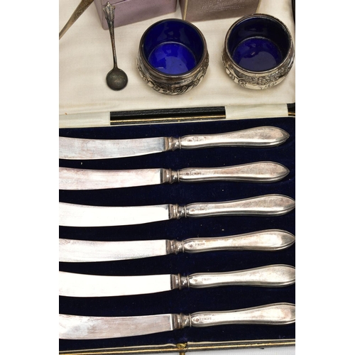 58 - A SET OF SIX INDIVIDUALLY BOXED GEORGE V SILVER NAPKIN RINGS AND A SMALL QUANTITY OF OTHER CASED AND... 