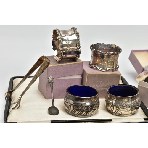 58 - A SET OF SIX INDIVIDUALLY BOXED GEORGE V SILVER NAPKIN RINGS AND A SMALL QUANTITY OF OTHER CASED AND... 