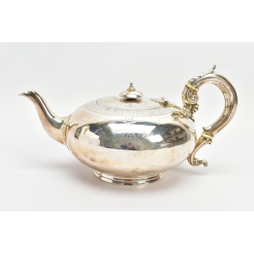 60 - A MID VICTORIAN SILVER TEAPOT OF COMPRESSED MELON FORM, domed circular finial, S scroll handle with ... 