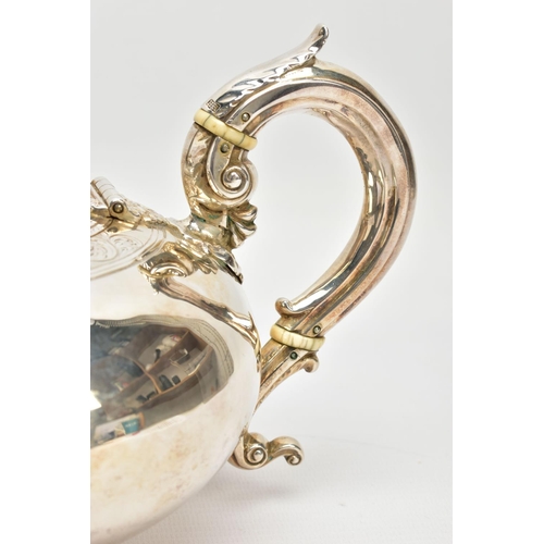 60 - A MID VICTORIAN SILVER TEAPOT OF COMPRESSED MELON FORM, domed circular finial, S scroll handle with ... 