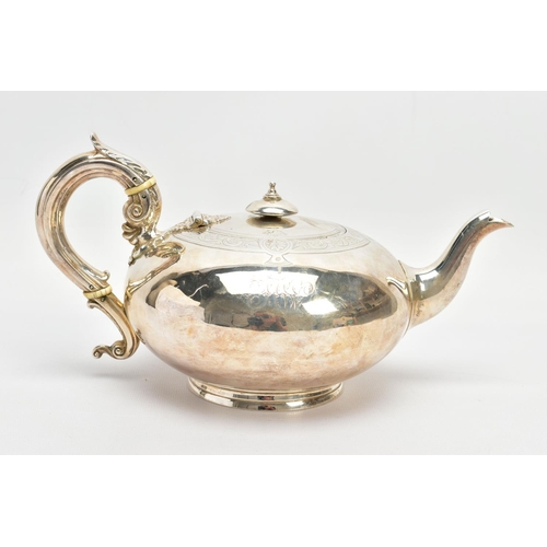 60 - A MID VICTORIAN SILVER TEAPOT OF COMPRESSED MELON FORM, domed circular finial, S scroll handle with ... 