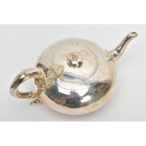 60 - A MID VICTORIAN SILVER TEAPOT OF COMPRESSED MELON FORM, domed circular finial, S scroll handle with ... 