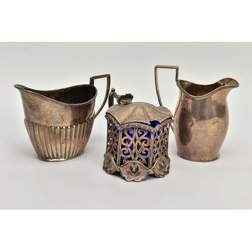 66 - A VICTORIAN PIERCED SILVER MUSTARD OF HEXAGONAL FORM AND TWO VICTORIAN MILK / CREAM JUGS, the mustar... 