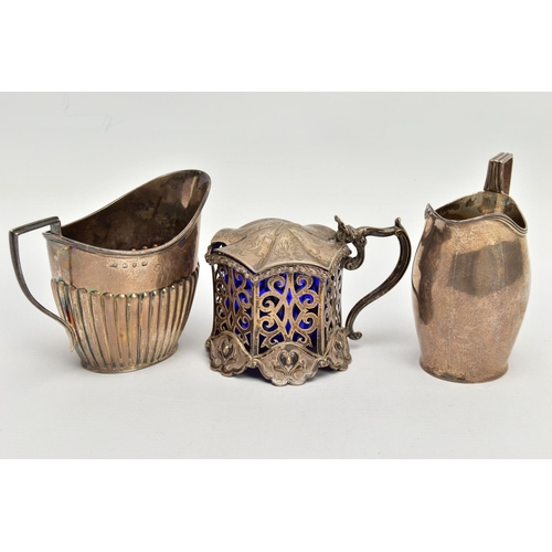 66 - A VICTORIAN PIERCED SILVER MUSTARD OF HEXAGONAL FORM AND TWO VICTORIAN MILK / CREAM JUGS, the mustar... 