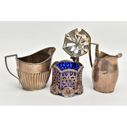 66 - A VICTORIAN PIERCED SILVER MUSTARD OF HEXAGONAL FORM AND TWO VICTORIAN MILK / CREAM JUGS, the mustar... 