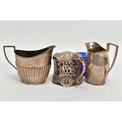 66 - A VICTORIAN PIERCED SILVER MUSTARD OF HEXAGONAL FORM AND TWO VICTORIAN MILK / CREAM JUGS, the mustar... 