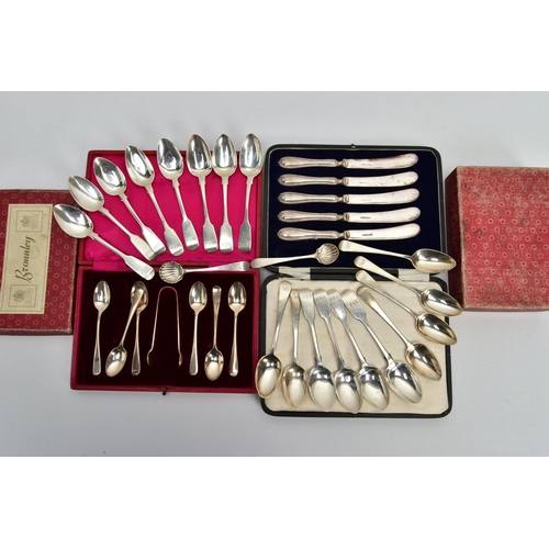 69 - A PARCEL OF  LATE 18TH, 19TH AND 20TH CENTURY SILVER FLATWARE AND CUTLERY, including a pair of Georg... 