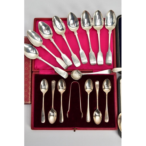 69 - A PARCEL OF  LATE 18TH, 19TH AND 20TH CENTURY SILVER FLATWARE AND CUTLERY, including a pair of Georg... 