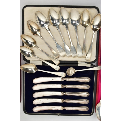 69 - A PARCEL OF  LATE 18TH, 19TH AND 20TH CENTURY SILVER FLATWARE AND CUTLERY, including a pair of Georg... 