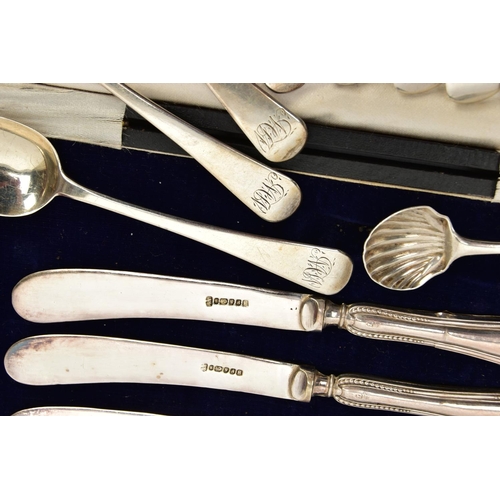 69 - A PARCEL OF  LATE 18TH, 19TH AND 20TH CENTURY SILVER FLATWARE AND CUTLERY, including a pair of Georg... 