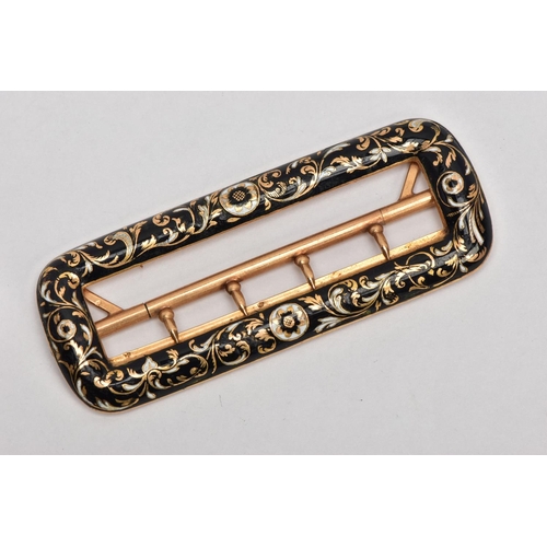 7 - AN EARLY 19TH CENTURY FRENCH GOLD ENAMELLED BELT BUCKLE, a rectangular slim buckle detailed with flo... 