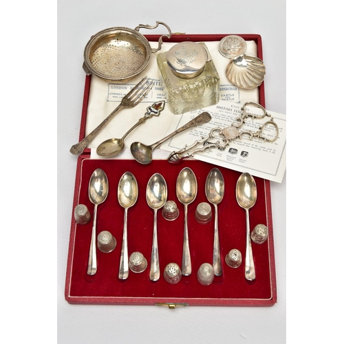 72 - A PARCEL OF LATE 18TH, 19TH AND 20TH CENTURY SILVER, to include a pair of George III scissor action ... 