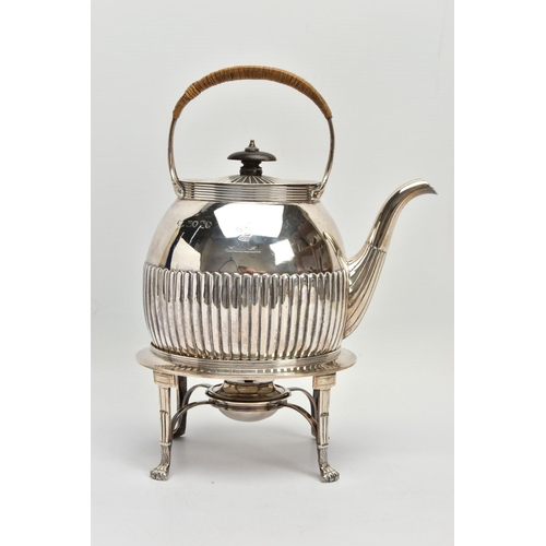 78 - A LATE VICTORIAN SILVER SPIRIT KETTLE ON STAND, of oval form, basket weave insulation, the pull off ... 