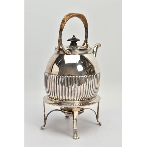 78 - A LATE VICTORIAN SILVER SPIRIT KETTLE ON STAND, of oval form, basket weave insulation, the pull off ... 