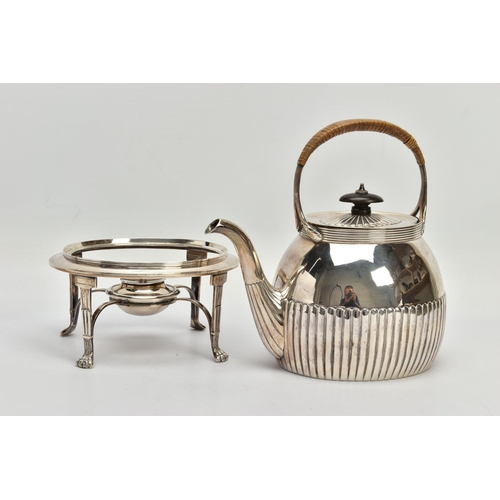 78 - A LATE VICTORIAN SILVER SPIRIT KETTLE ON STAND, of oval form, basket weave insulation, the pull off ... 