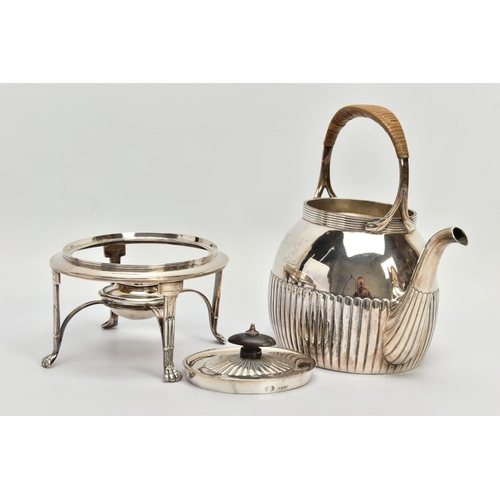 78 - A LATE VICTORIAN SILVER SPIRIT KETTLE ON STAND, of oval form, basket weave insulation, the pull off ... 