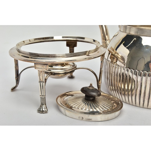 78 - A LATE VICTORIAN SILVER SPIRIT KETTLE ON STAND, of oval form, basket weave insulation, the pull off ... 