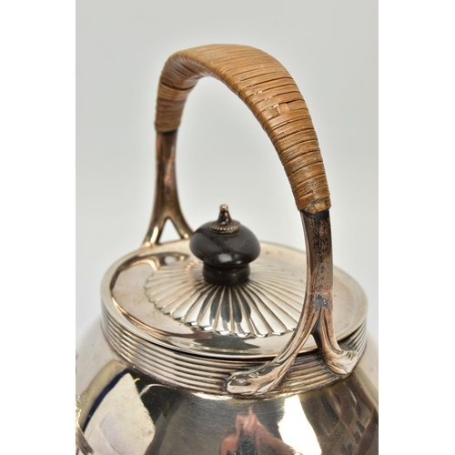 78 - A LATE VICTORIAN SILVER SPIRIT KETTLE ON STAND, of oval form, basket weave insulation, the pull off ... 