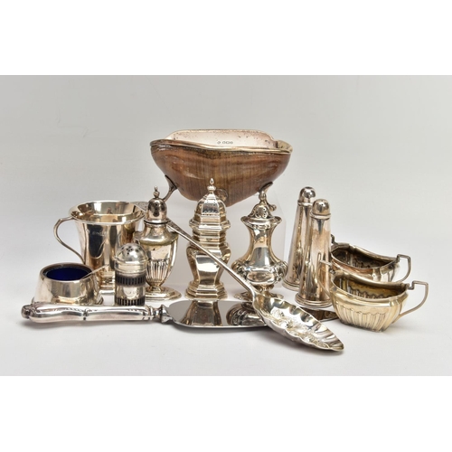 79 - A PARCEL OF ASSORTED SILVER CRUET ITEMS, ETC, including a George V silver mounted hoof ashtray, on f... 